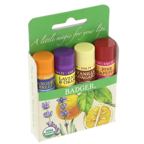 Badger Balm | Lip Balm Sticks - Yellow Pack - Tangerine, lavender, vanilla, pink grapefruit | sticks Online now