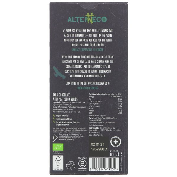 Altereco | Dark Chocolate 70% | 100g For Discount