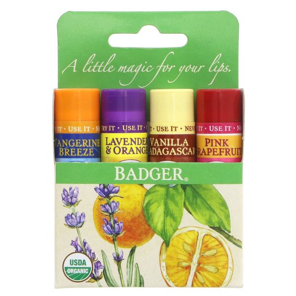 Badger Balm | Lip Balm Sticks - Yellow Pack - Tangerine, lavender, vanilla, pink grapefruit | sticks Online now